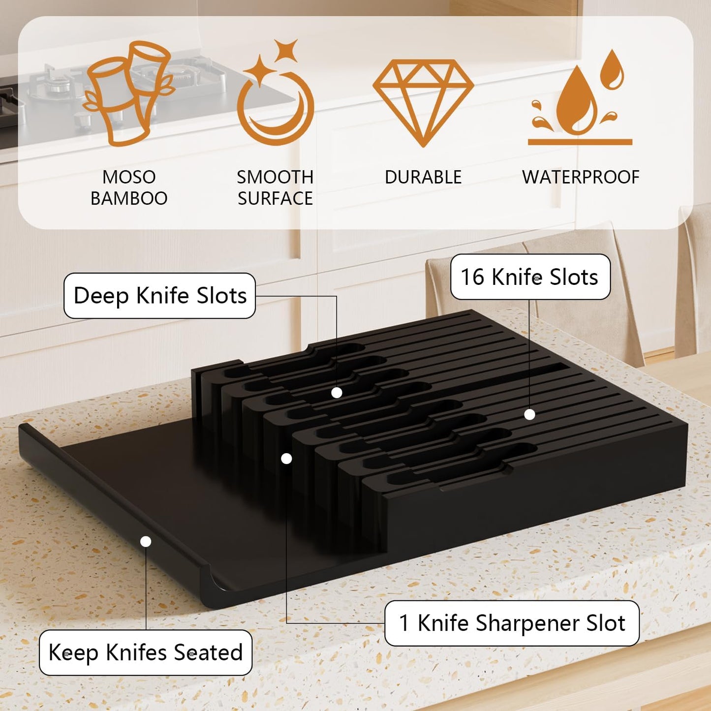 Bamboo In-drawer Knife Block - Kitchen Knife Drawer Organizer Insert