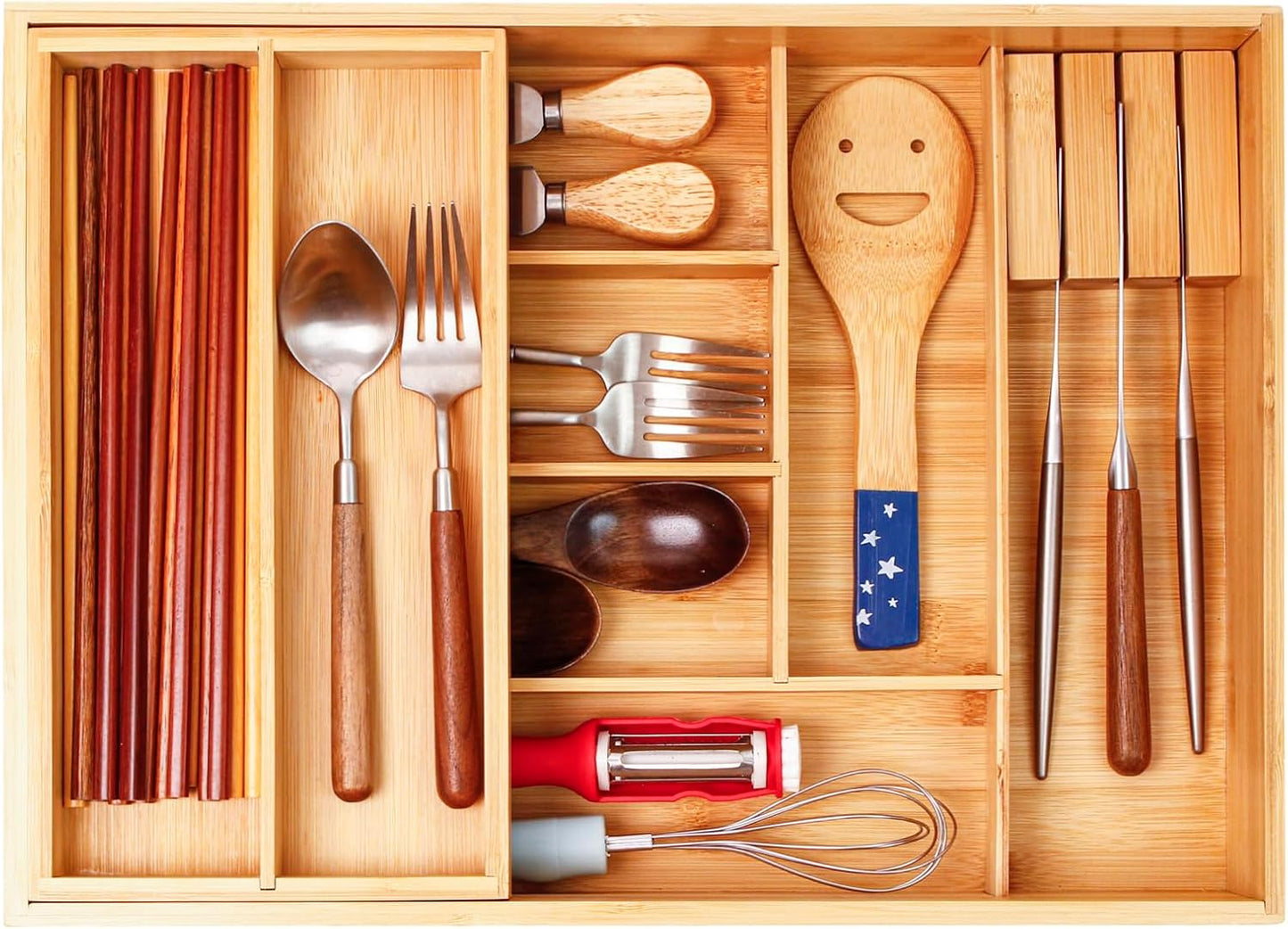 Double Layer Bamboo Kitchen Drawer Organizer Cutlery Utensil Silverware Drawer Organizer