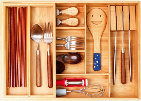 Double Layer Bamboo Kitchen Drawer Organizer Cutlery Utensil Silverware Drawer Organizer