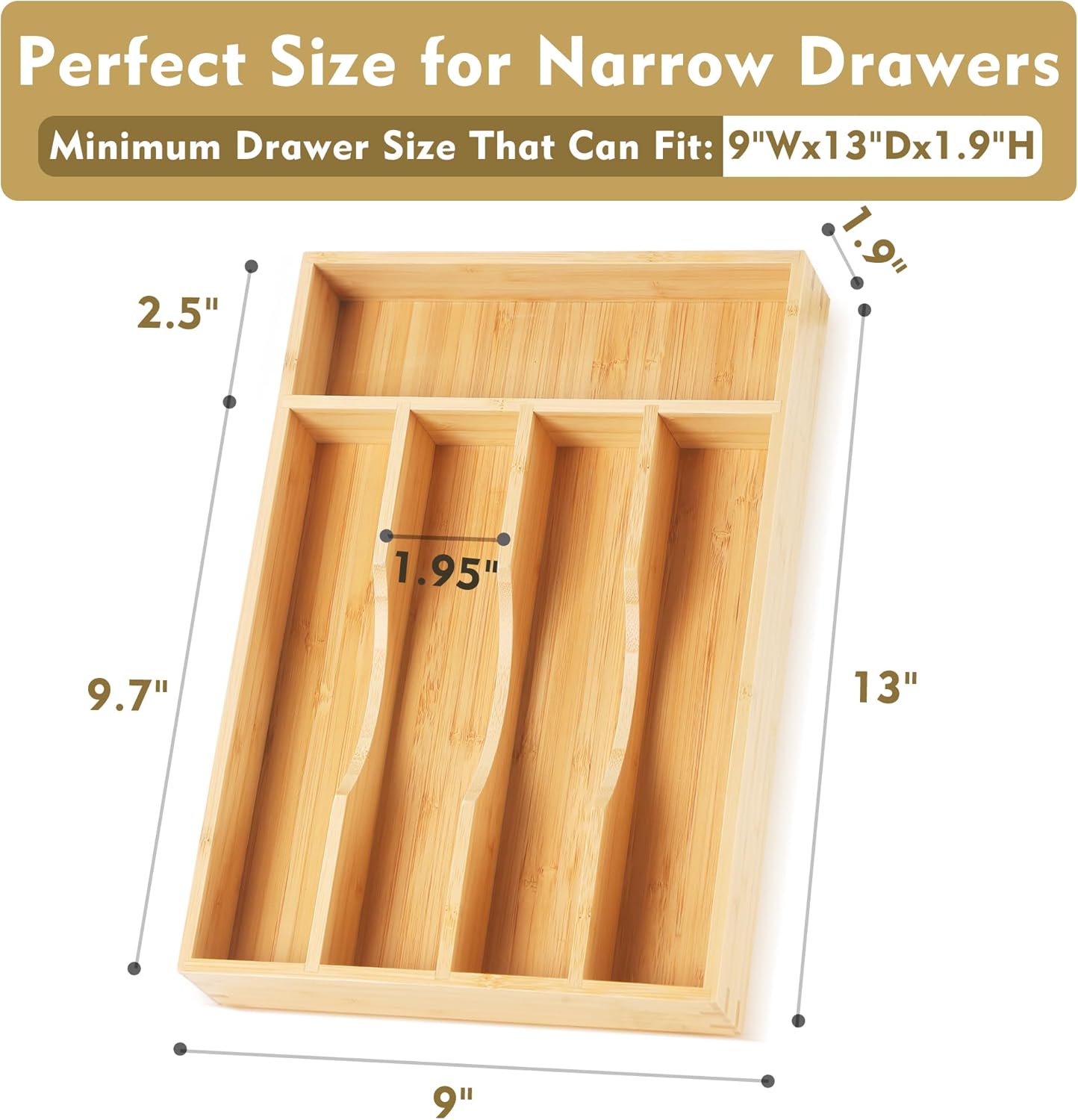 Bamboo Kitchen Drawer Organizer, 9 Inch Silverware Utensil Holder for Samll Drawer