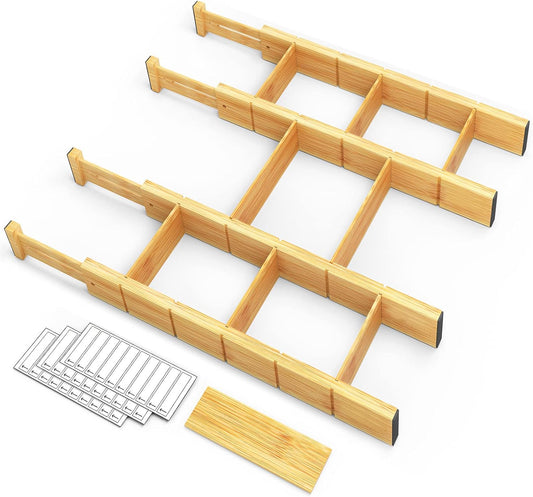 Bamboo Drawer Dividers with Inserts and Labels, Kitchen Adjustable Drawer Organizers