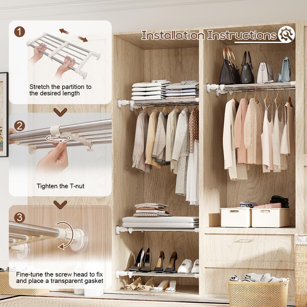 Closet Tension Shelf & Rod Expandable, Adjustable Storage Rack Metal Organizer DIY Divider Separator for Cabinet Wardrobe Cupboard Kitchen Bathroom