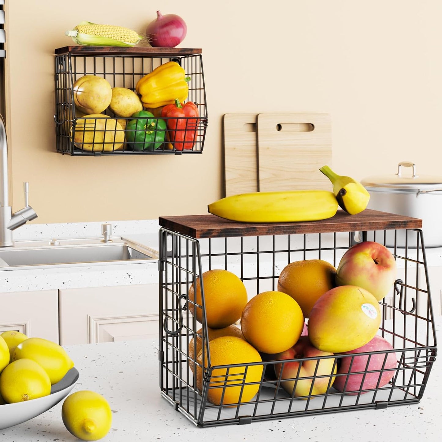 2pcs Fruit Basket Kitchen Storage Basket with Wood Lid