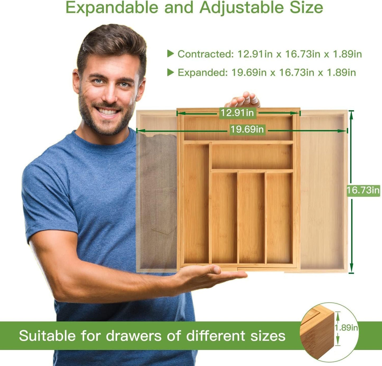 Bamboo Expandable Silverware Drawer Organizer, Adjustable Kitchen Utensil Tray for Forks