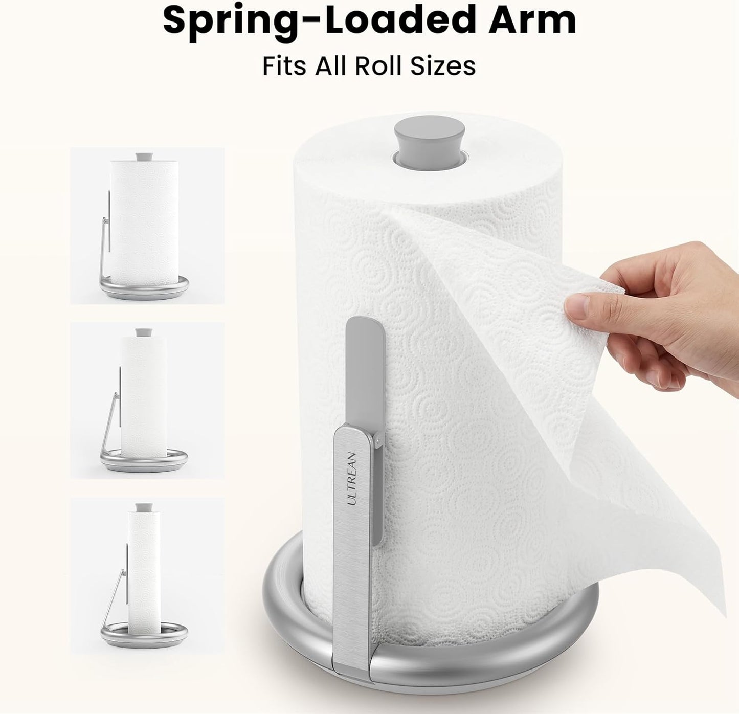 Paper Towel Holder Countertop, Freestanding Paper Towel Dispenser with Spring-Loaded Arm for One-Handed Tear, Weighted Non-Slip Base, Stainless Steel for Kitchen