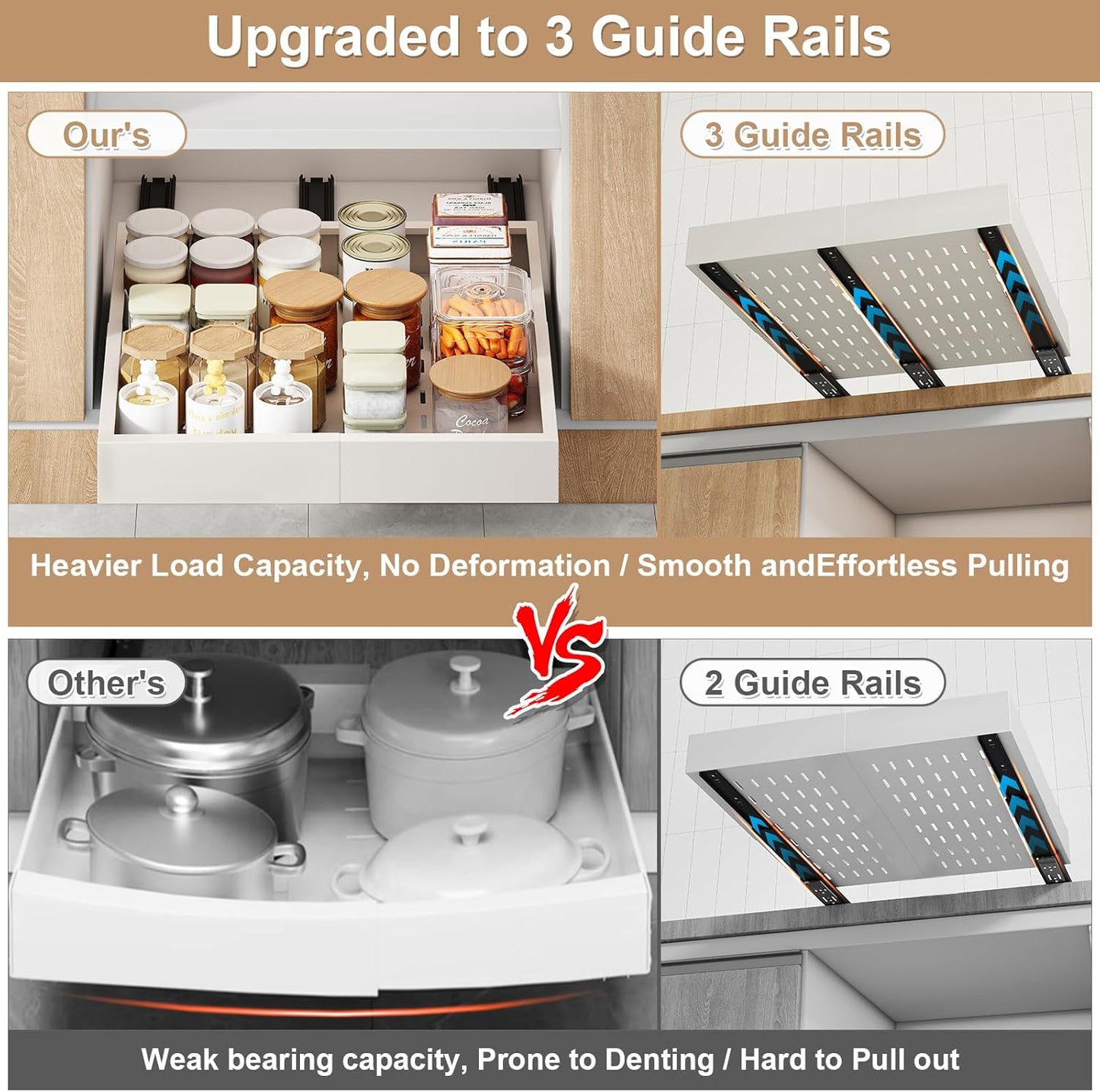 Pull out Cabinet Organizer,3 Sliding Rails,Width (11"-16"),Depth (13"-17") Expandable,No Drill Adjustable Slide out Drawers for Kitchen,Pantry, Adhesive Roll out Shelves,for Cabinets Without Lip,White