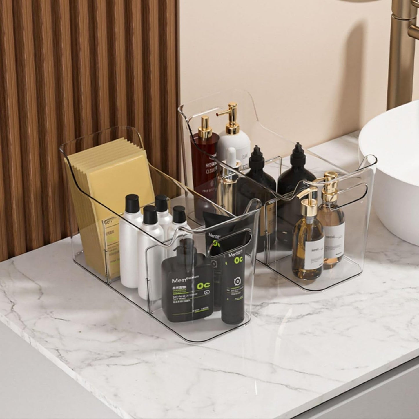 Tall Narrow Clear Bins with Dividers, Plastic Containers for Organizing Kitchens and Bathrooms