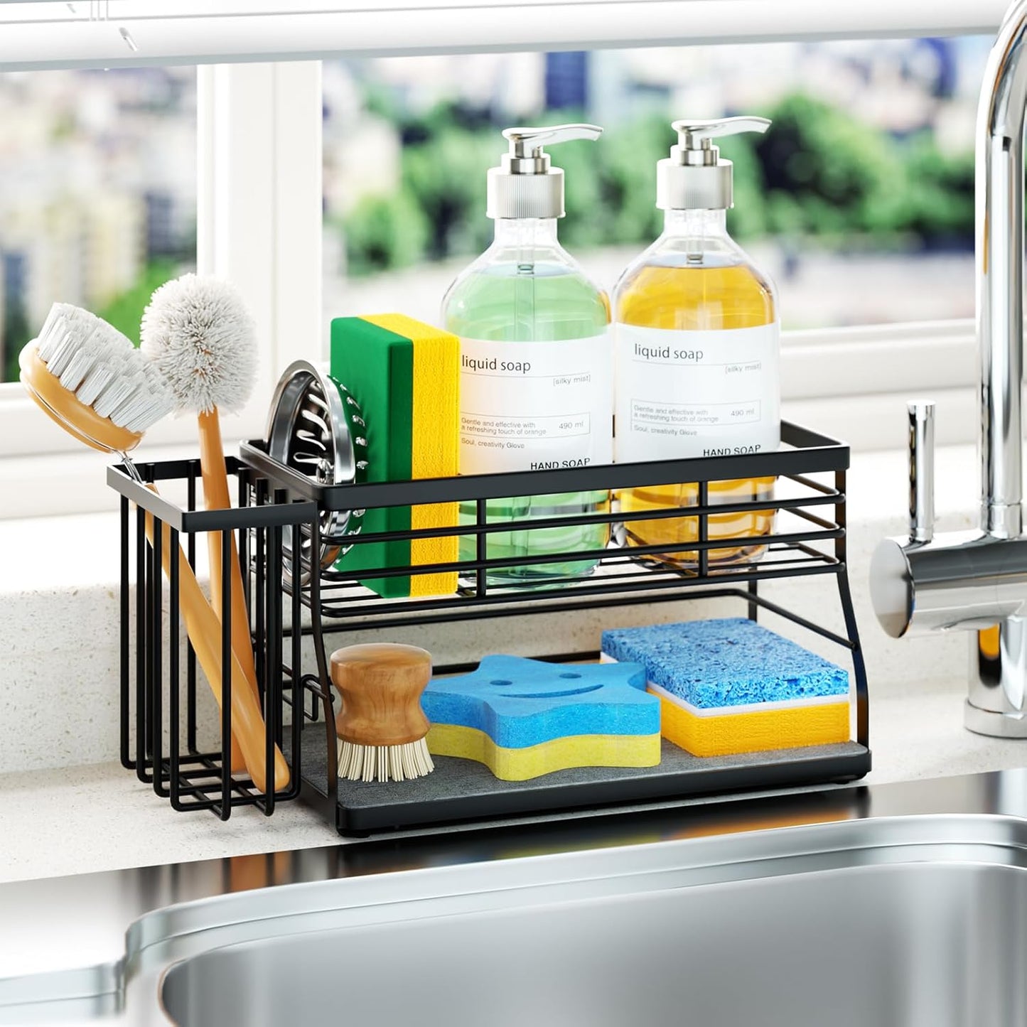 Sponge Holder for Kitchen Sink - 2 Tier Rustproof Sink Caddy with Instant Drying Stone