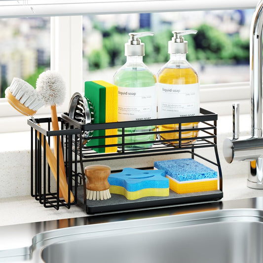 Sponge Holder for Kitchen Sink - 2 Tier Rustproof Sink Caddy with Instant Drying Stone