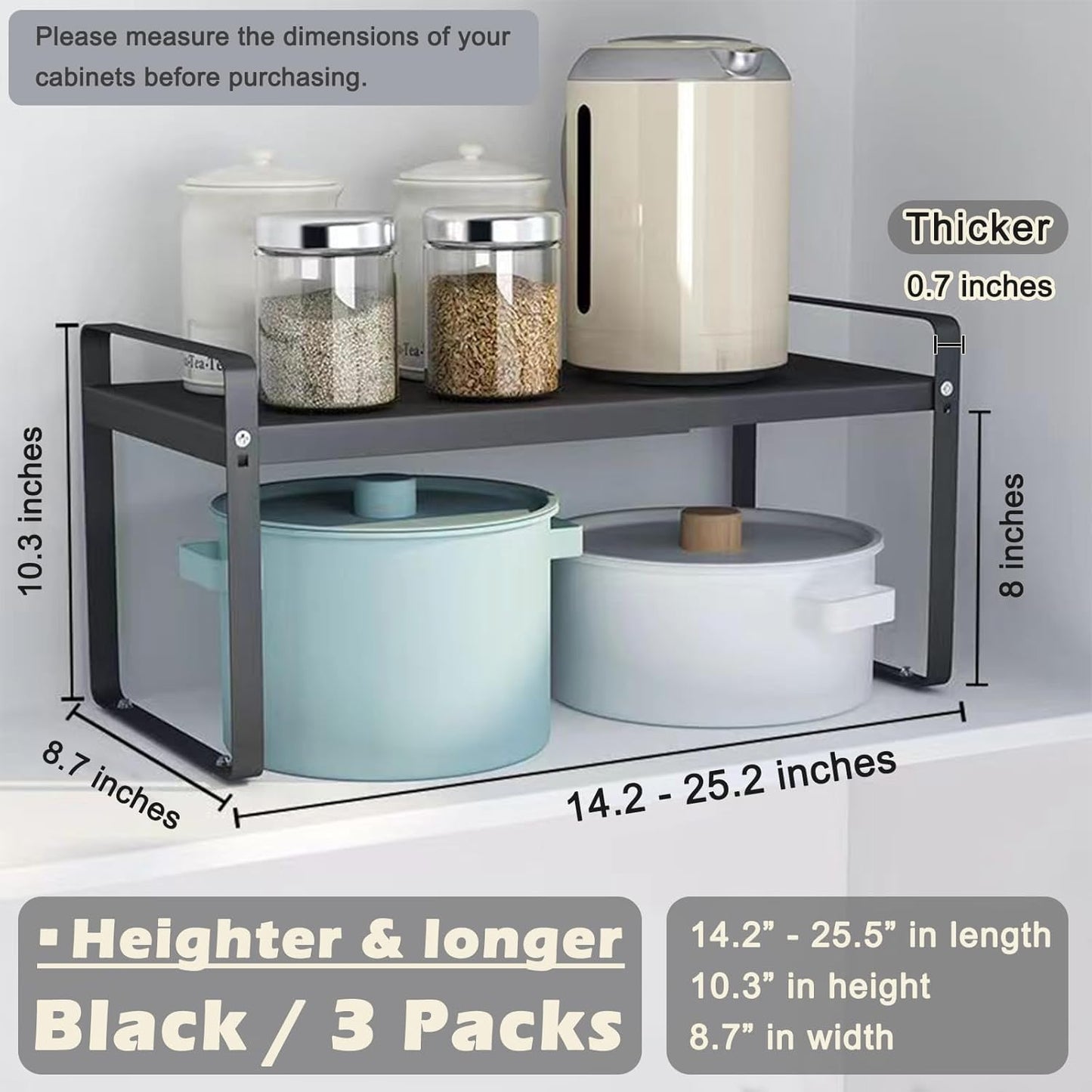 3 Pack Expandable Cabinet Shelf Organizer Kitchen Shelf Riser Stackable Pantry Shelves Kitchen Organizers and Storage Metal Spice Rack Countertop Organizer Cupboard Adjustable Shelfs