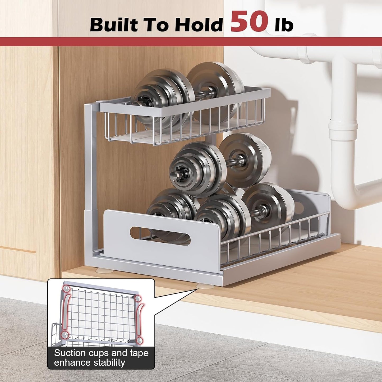 Under Sink Organizer, Pull Out Cabinet Organizer 2 Tier Slide Out Sink Shelf Cabinet Storage Shelves, Storage for Kitchen Bathroom, Grey, 2 Pack