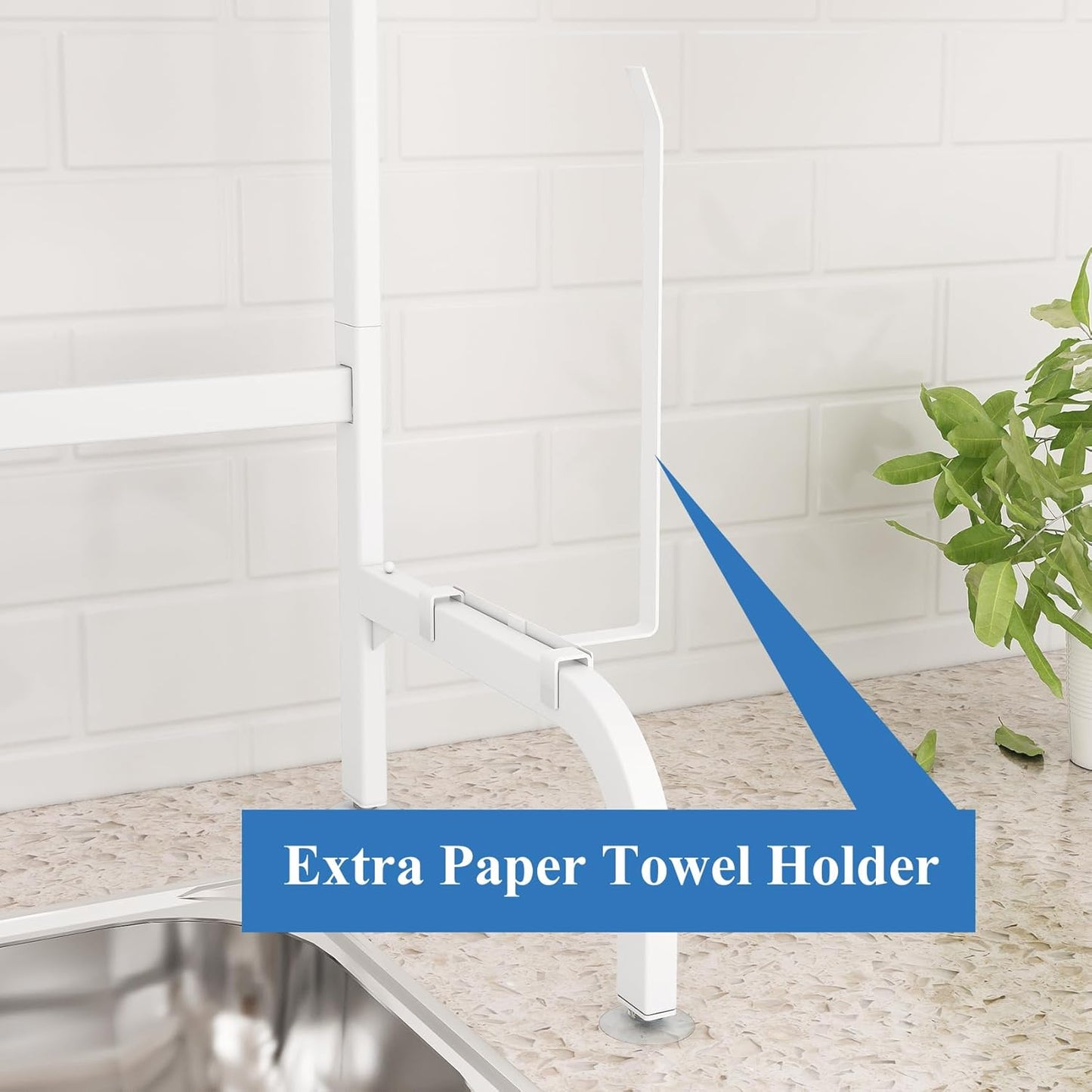 Over The Sink Dish Drying Rack, Adjustable (25.5 to 36.5 inch) 2 Tier Metal Steel Dish Drying Racks for Kitchen Counter with Hooks Paper Towel Utensil Cup Holder Sink Caddy (White)