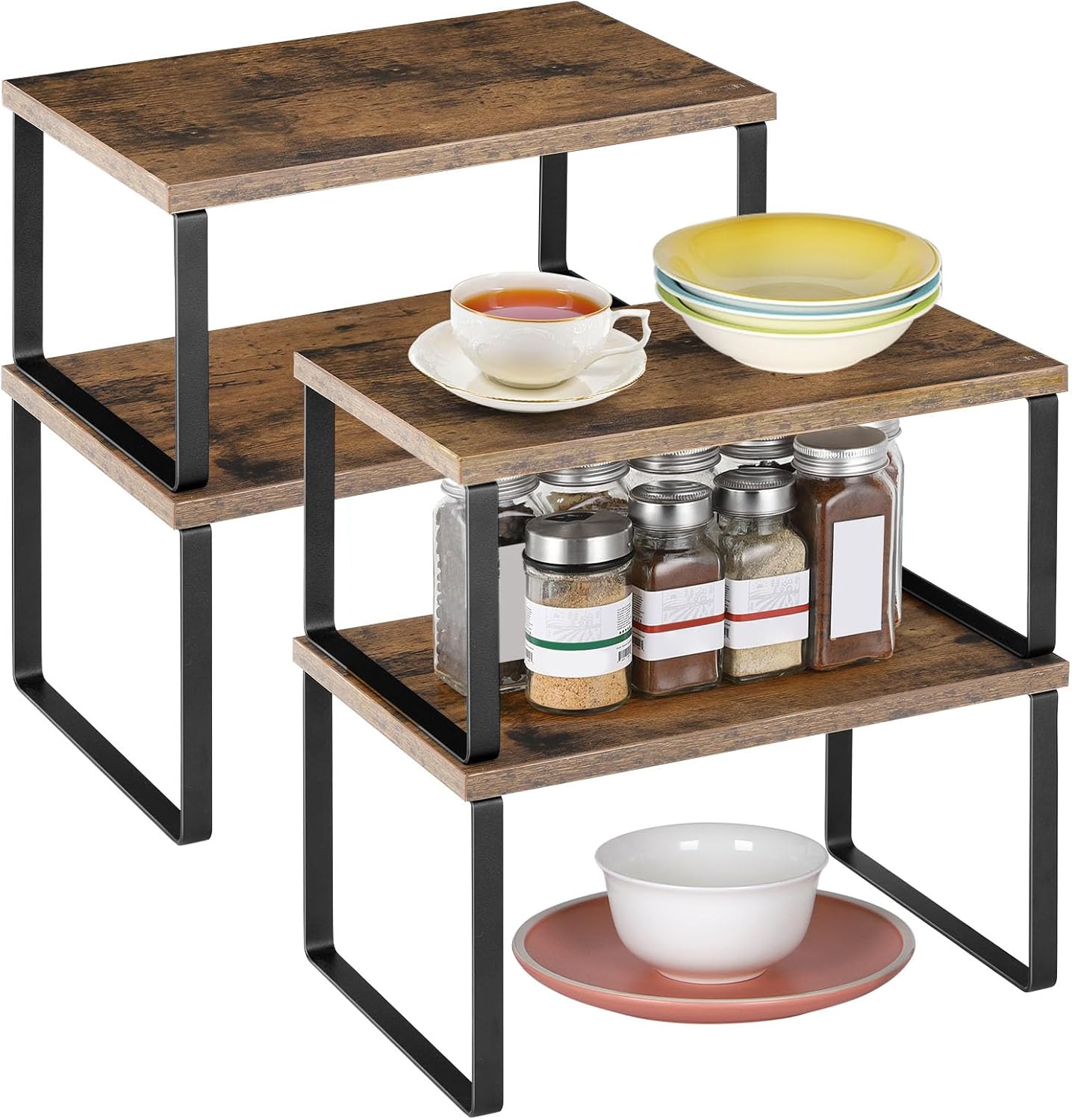 Kitchen Counter Cabinet Shelf Organizer Expandable Stackable Shelves Set of 4 Shelf Risers Small Counter Top Racks for Kitchen Cupboard Pantry, Brown