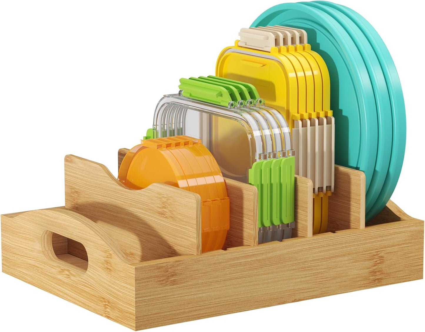 Bamboo Lid Organizers for Inside Cabinet, Food Storage Container Lid Holder with 4 adjustable Inserts & 5 Sections, Kitchen Pantry organizer and storage, 10.6" X 8.3"