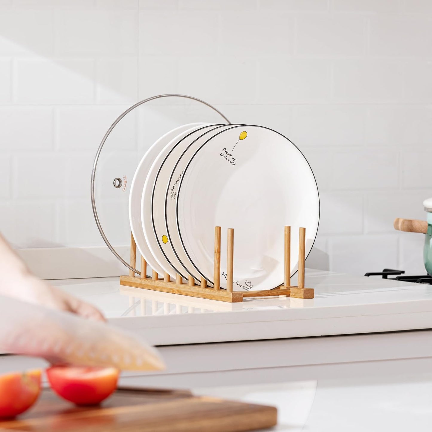 Heighten and Widen Bamboo Dish Drying Rack Plate Bowl Cup Book Pot Lid Cutting Board Stand Drainer Storage Holder Organizer for Kitchen Cabinet