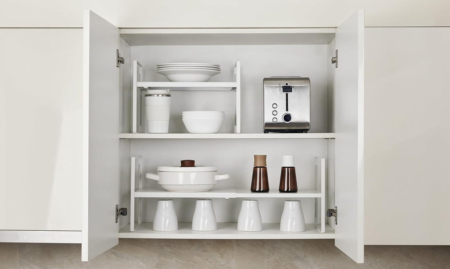 2Pack Cabinet Shelf Organizer Expandable 5 Heights Adjustable Stackable Rack Riser for Kitchen Pantry Cupboard Under Sink Organization Storage Space Saver Heavy Duty Metal White