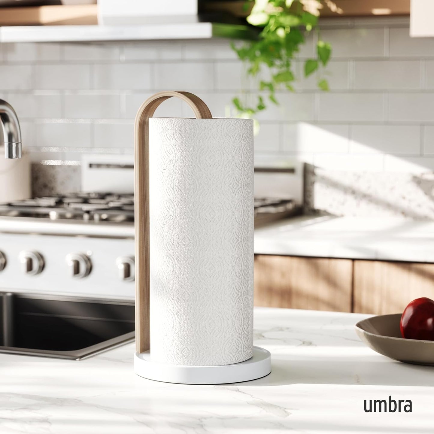 Bellwood Paper Towel Holder for Kitchen Countertop, with Real Wood Stand and Weighted Metal Base