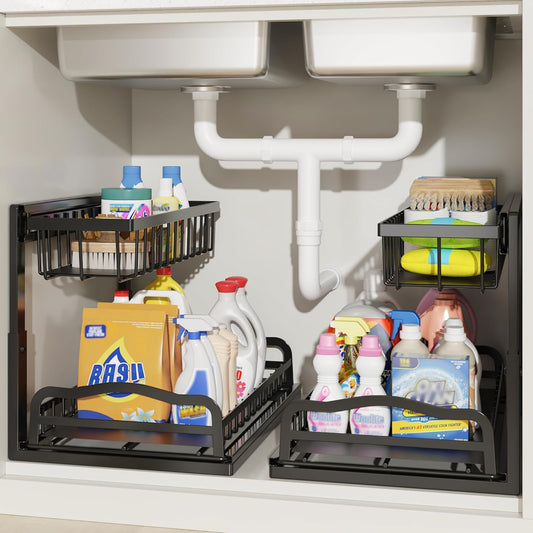 Under Sink Organizer 2 Pack, L-Shaped 2 Tier Pull Out Cabinet Organizer with Sliding Drawer