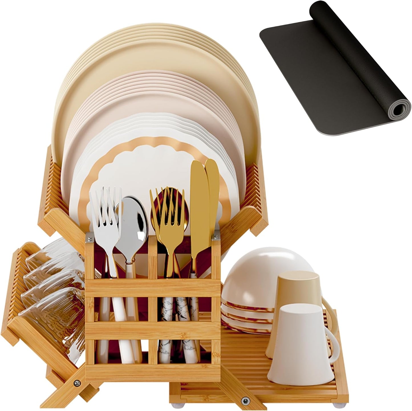 Bamboo Dish Drying Rack with Utensil Holder, 3 Tier Collapsible Dish Rack