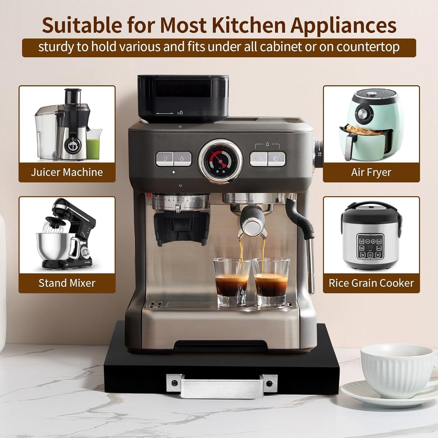 Wood Appliance Slider with Rolling Wheels - Coffee Maker Stand for Kitchen Counter Organization - Fits Air Fryer, Mixer, Toaster - Smooth Glide Tray