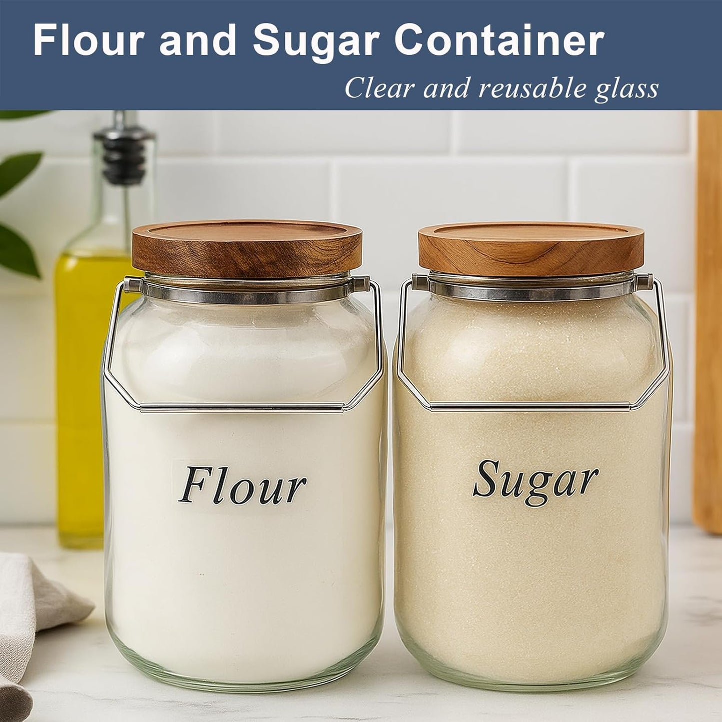 2 Pack Glass Flour Sugar Storage Containers with Handle, 1 Gallon Glass Jars with Airtight Lid