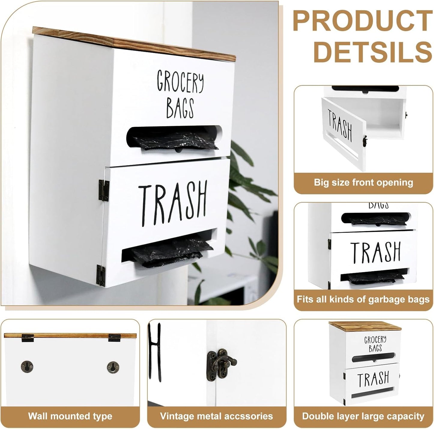 2 in 1 Trash Bag Dispenser, Double Wall Mounted,Wood Trash Bag Holder, used in kitchen, garage