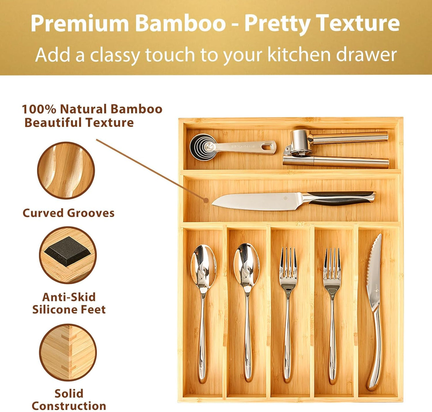 Bamboo Kitchen Drawer Organizer, 13 Inch Silverware Utensil Tray Holder