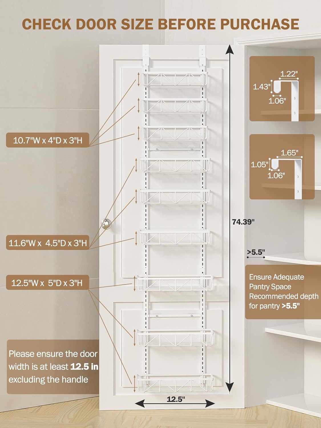 Narrow 9-Tier Over the Door Pantry Organizer, Adjustable Pantry Storage, Metal Hanging Spice Rack