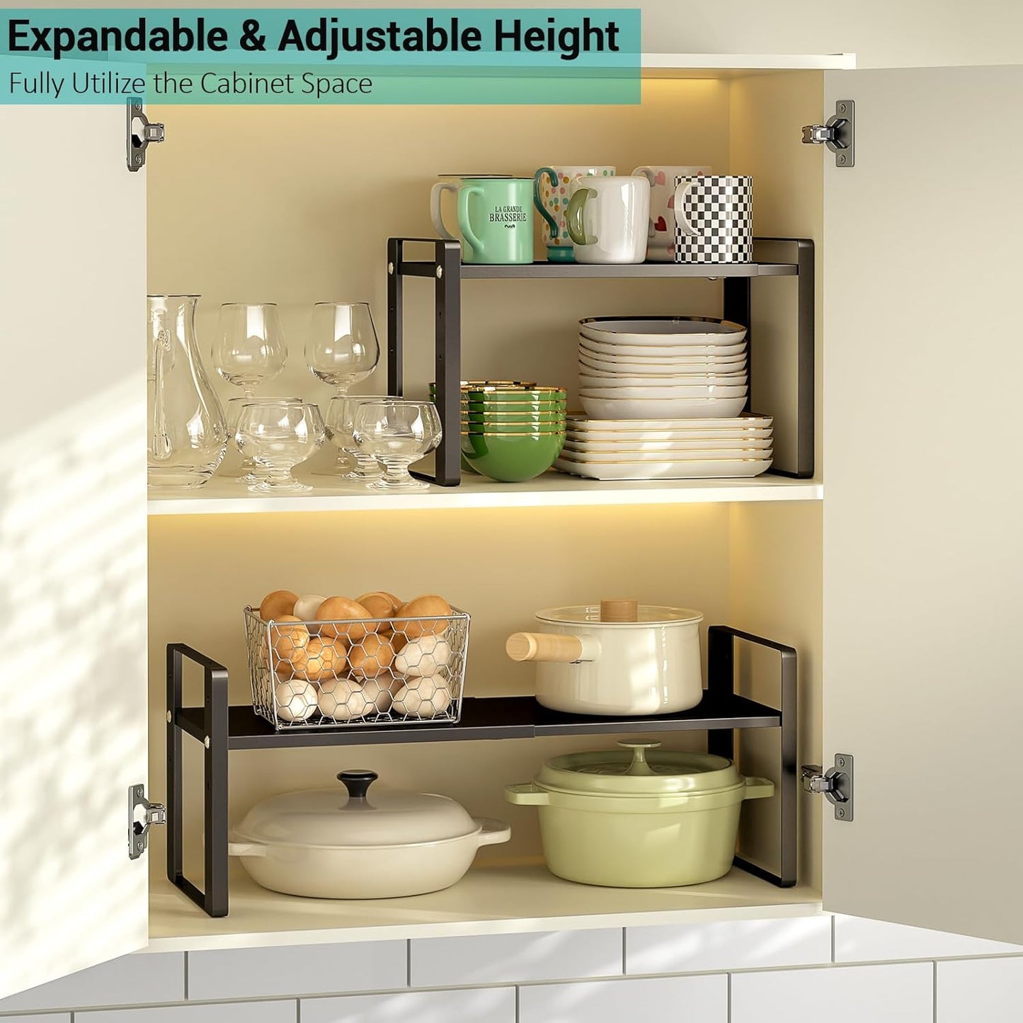 2 Pack Expandable Cabinet Organizer Shelves, 88lbs High Weight Capacity