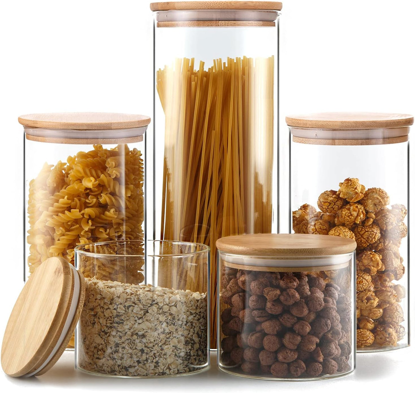 Glass Storage Jars [Set of 5],Clear Glass Food Storage Containers with Airtight Bamboo Lid Stackable Kitchen Canisters for Candy,Cookie,Rice,Sugar,Flour,Pasta,Nuts and Spice Jars(Square)