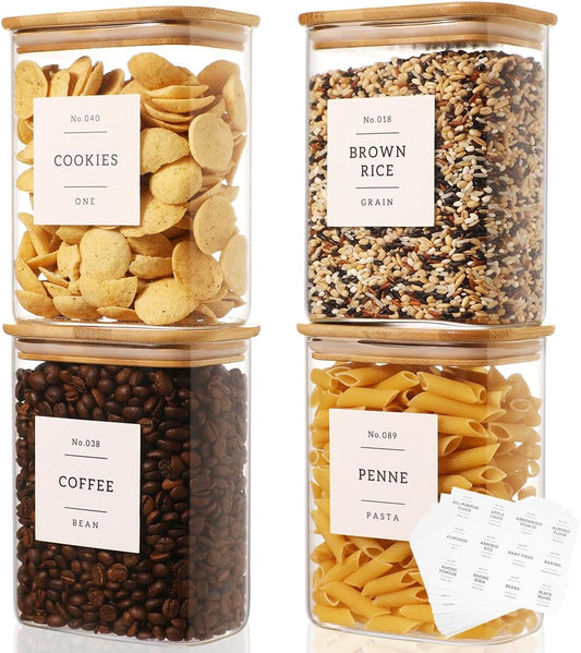 4 Pack Square Glass Pantry Storage Containers with 132 Kitchen Food Pantry Labels