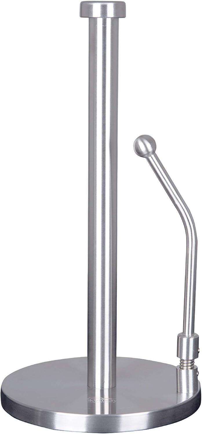 Stainless Steel Paper Towel Holder with Tension Arm – Weighted Countertop Stand, One-Hand Tear