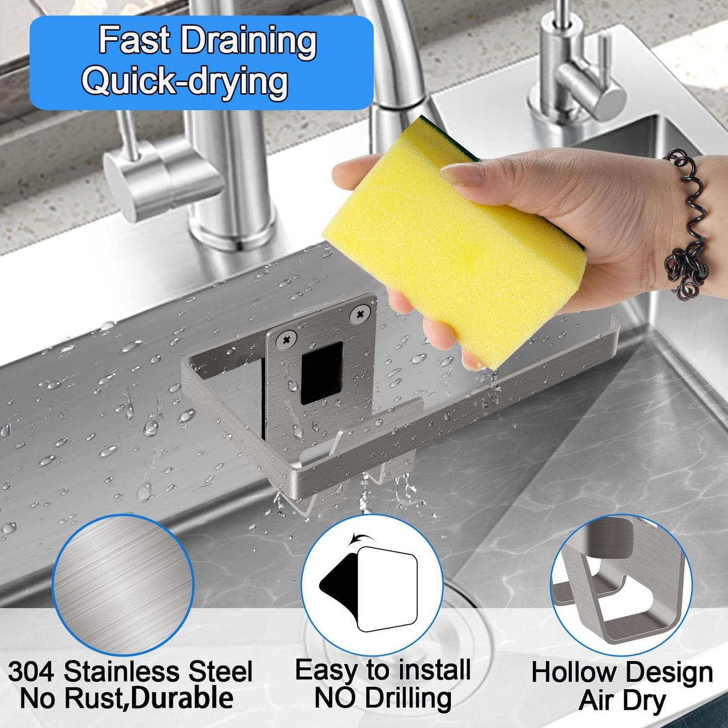Kitchen Sink Sponge Holder - Sponge and Dish Cloth Hanger, Adhesive Rustproof Kitchen Sink Rack