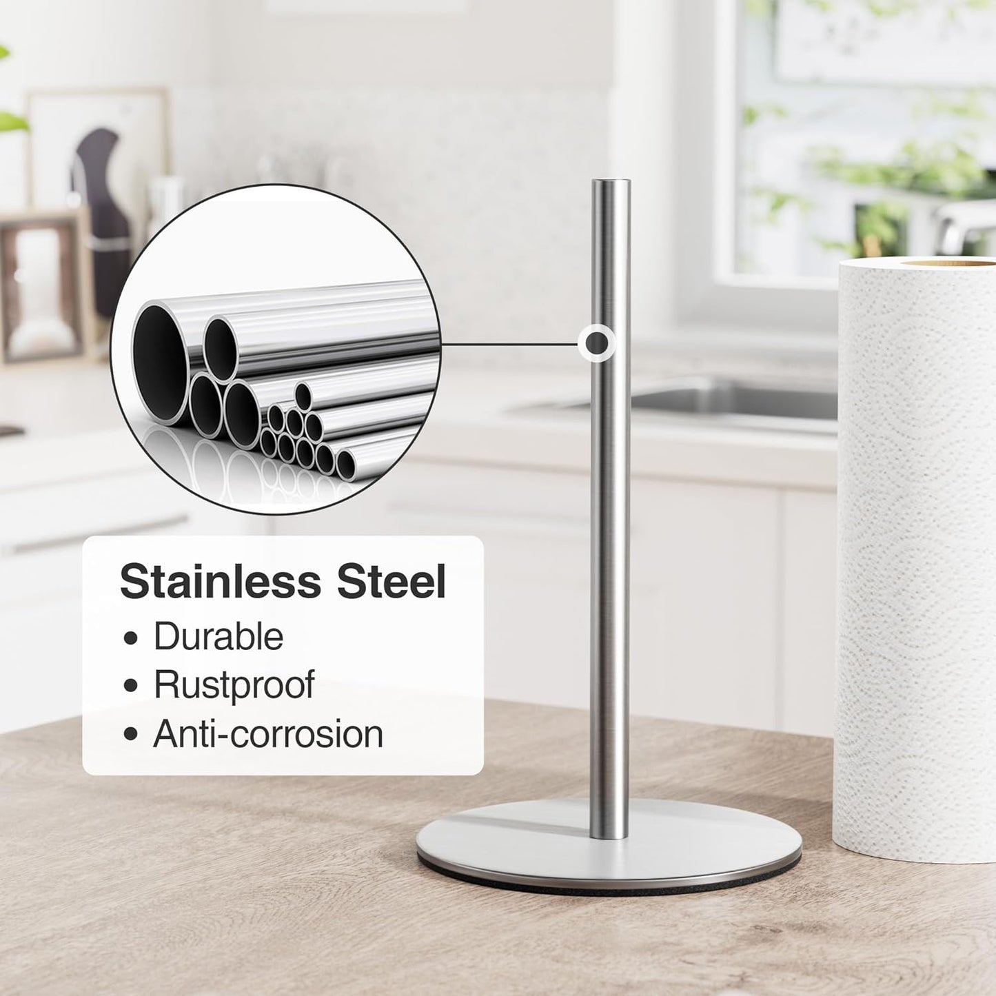 Silver Paper Towel Holder Free-Standing, Premium Stainless Steel Paper Rolls Organizer