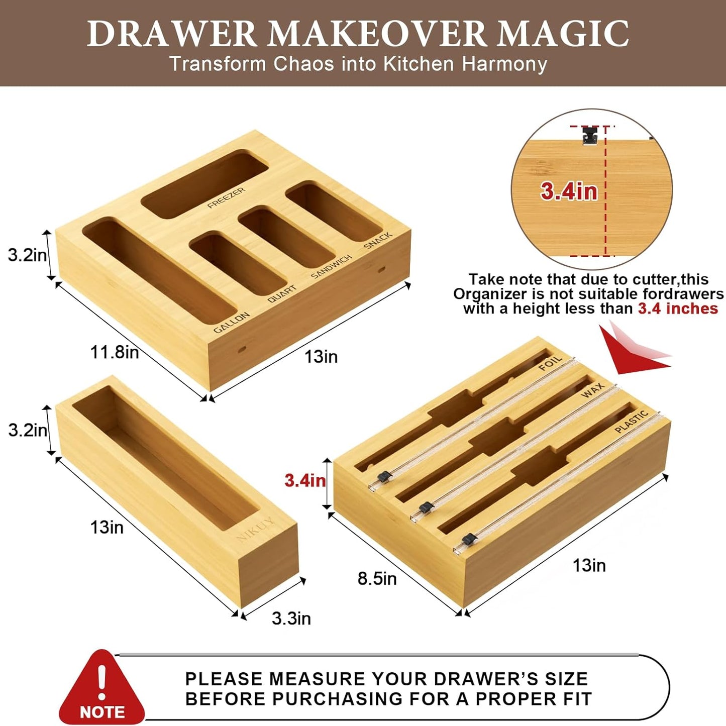 9 IN 1 Bamboo Foil and Plastic Wrap Organizer for Kitchen Drawer