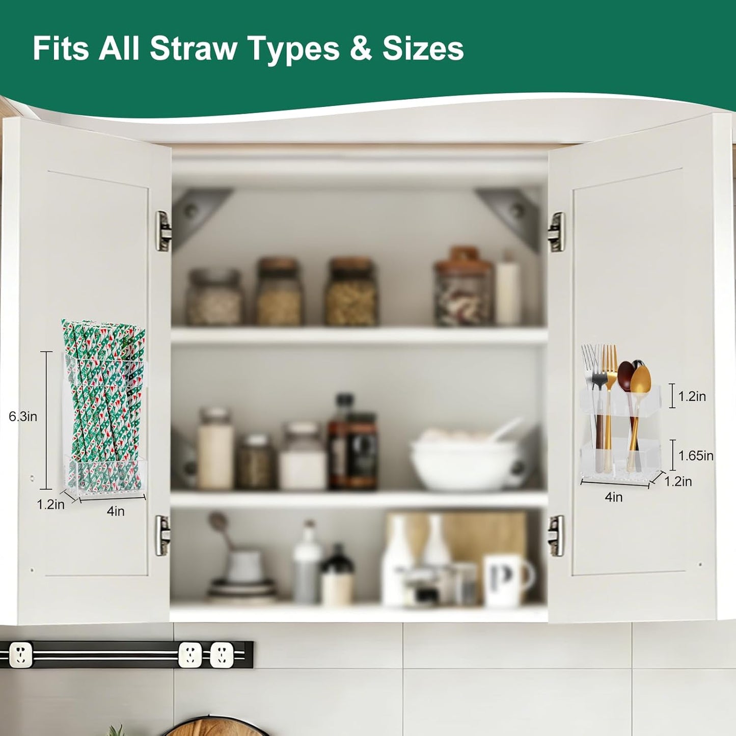 2 PACK Small Acrylic Straw Holder for Cabinet Doors，Straw Organizer Storage with Most Sizes，Multi-Function Kitchen Accessories Container with Adhesive Round Pads(Transparent)