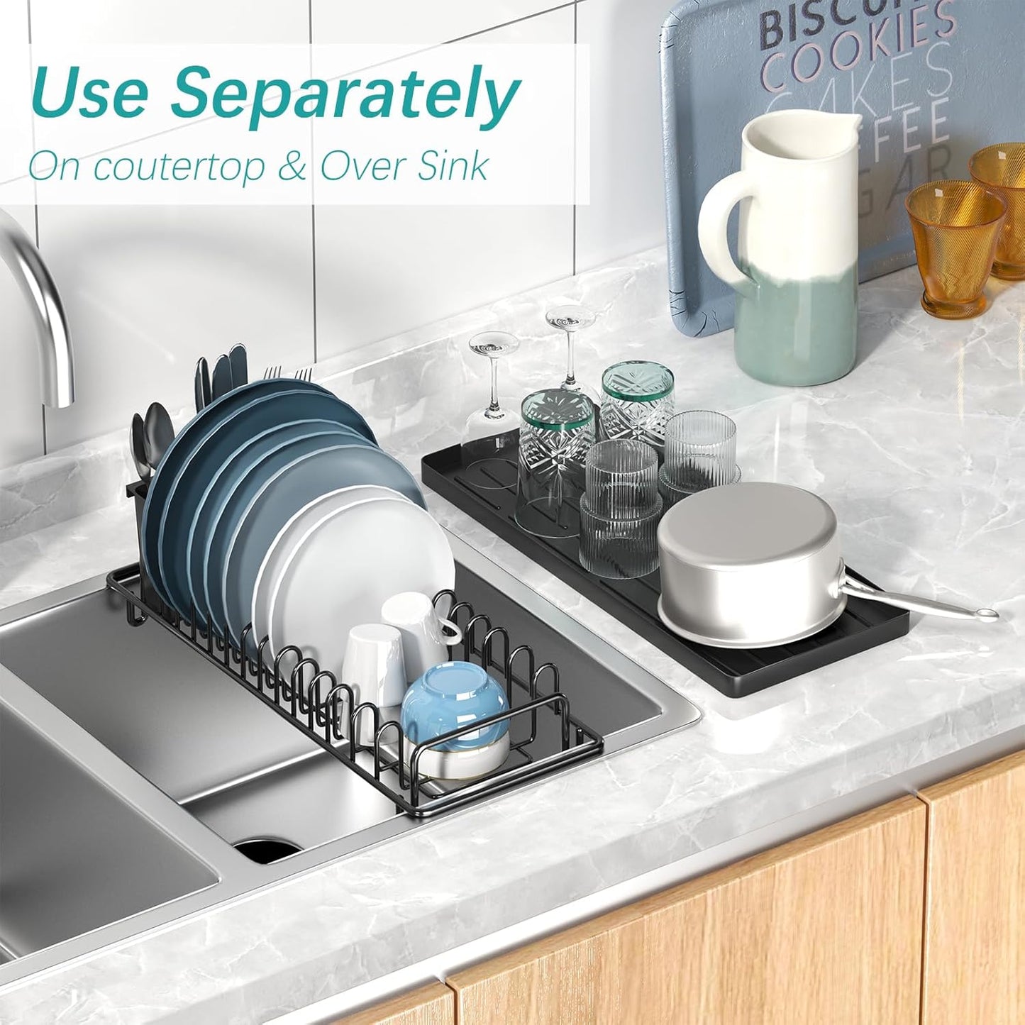 Small Dish Drying Rack, Compact Dish Rack with Silicone Tray and Caddy