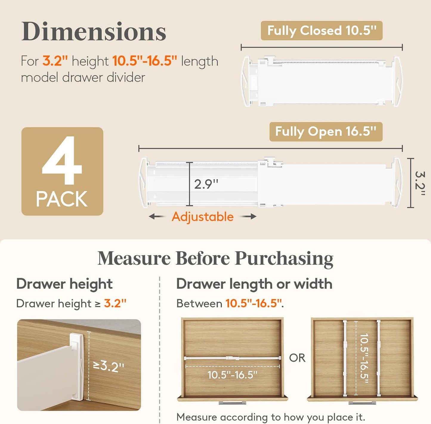 Drawer Dividers for Clothes, 3.2" Tall 10.5"-16.5" Expandable Dresser Drawer Organizers