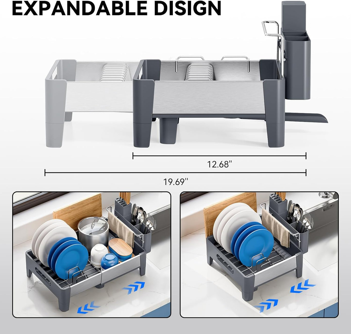 Expandable Dish Drying Rack, Stainless Steel Dish Rack with Aluminum Frame