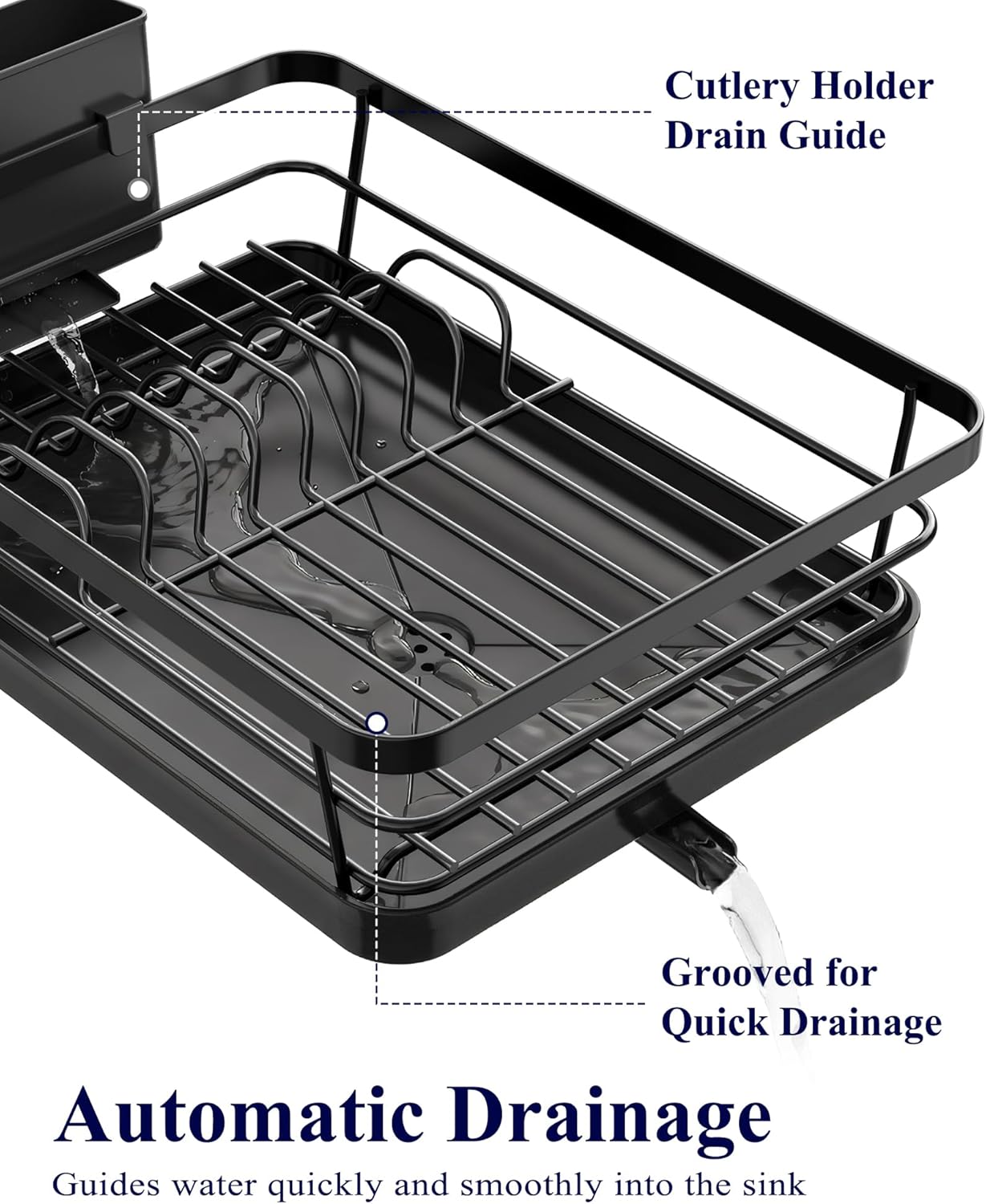 Dish Drying Rack for Kitchen Counter, Stainless Steel Sink Organization and Storage Essentials with Cutlery Holder, Home and Appartment Decor, 12''W x 15.5''L, Black