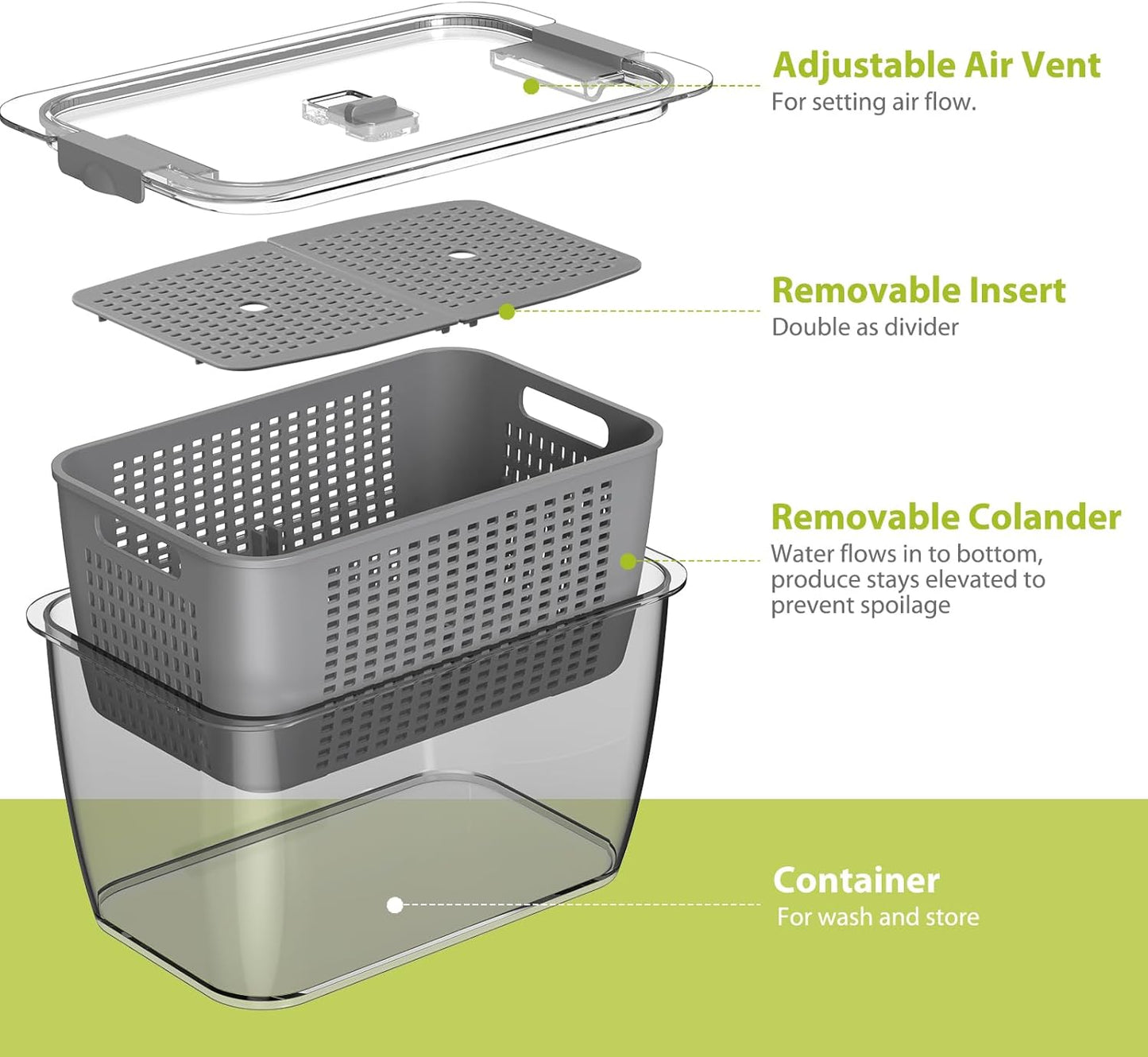 4 Pack Fruit Containers for Fridge, Vegetable Storage Container with Lids &Removable Colander Produce Saver Organizer for Refrigerator Keep Fruit, Veggie, Berry, Meat Fresh Longer-Grey