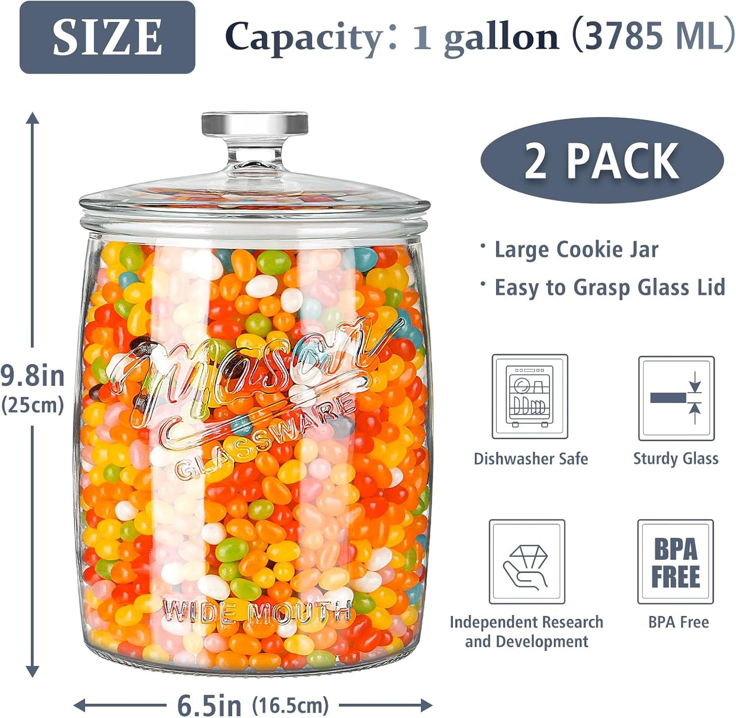 2 Pack 1 Gallon Glass Cookie Jar, Large Glass Jar with Airtight lid