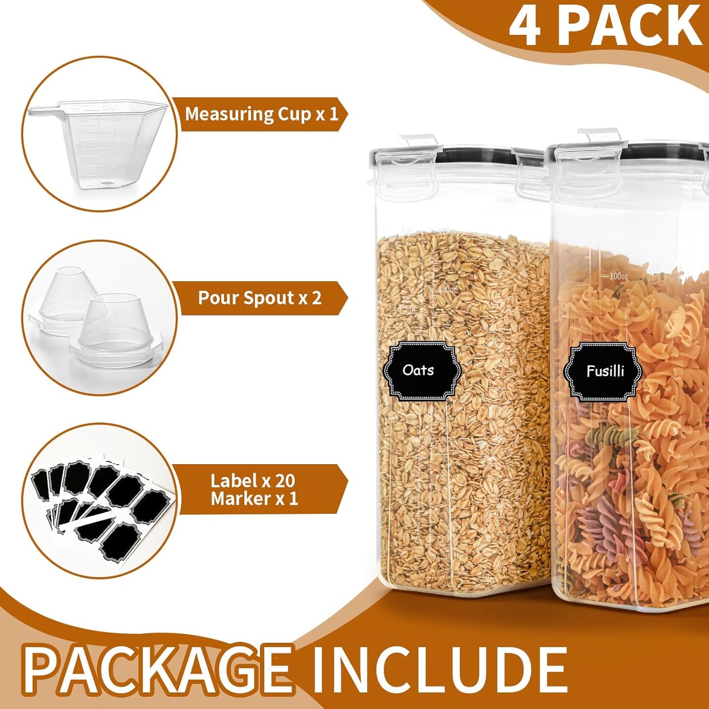 Cereal Containers Storage Set (4L / 135.2oz), 4PCS Airtight Food Storage Containers with Lids