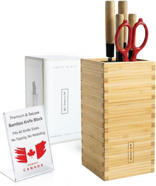 KAIZEN Bamboo Knife Block Without Knives - Perfectly Sized Universal Knife Holder for Knives