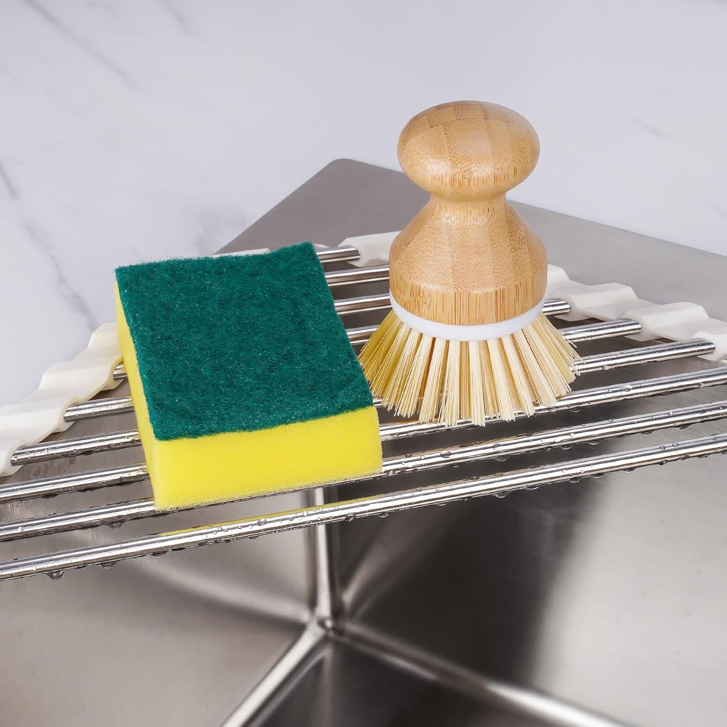Triangle Roll-Up Dish Drying Rack Sink Corner Small Foldable Stainless Steel Over The Sink Multipurpose Kitchen Drainer Caddy Organizer Storage Shelf Holder (Coconut Milk White)