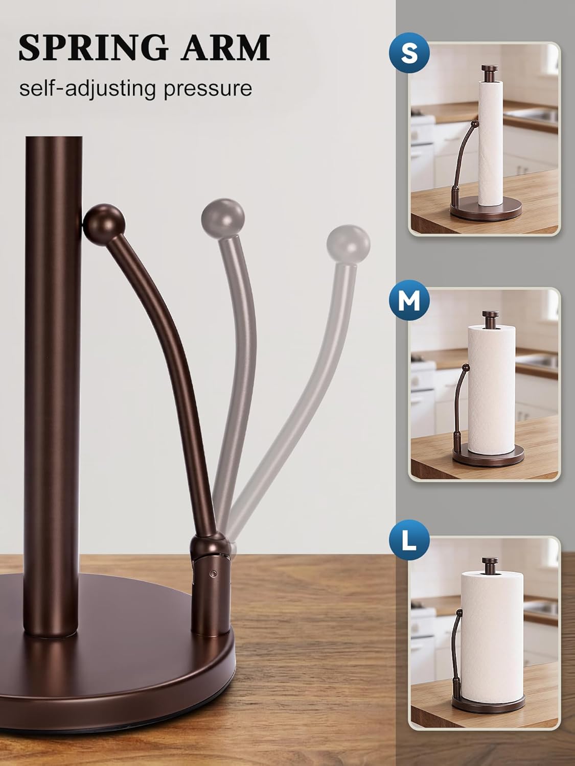 SMARTAKE Paper Towel Holder, Paper Towel Dispenser Standing Weighted Base Non Slip, Spring Arm for Easy Tear, Stainless Steel Paper Towel Holder for Home Kitchen Countertop Tabletop, Bronze