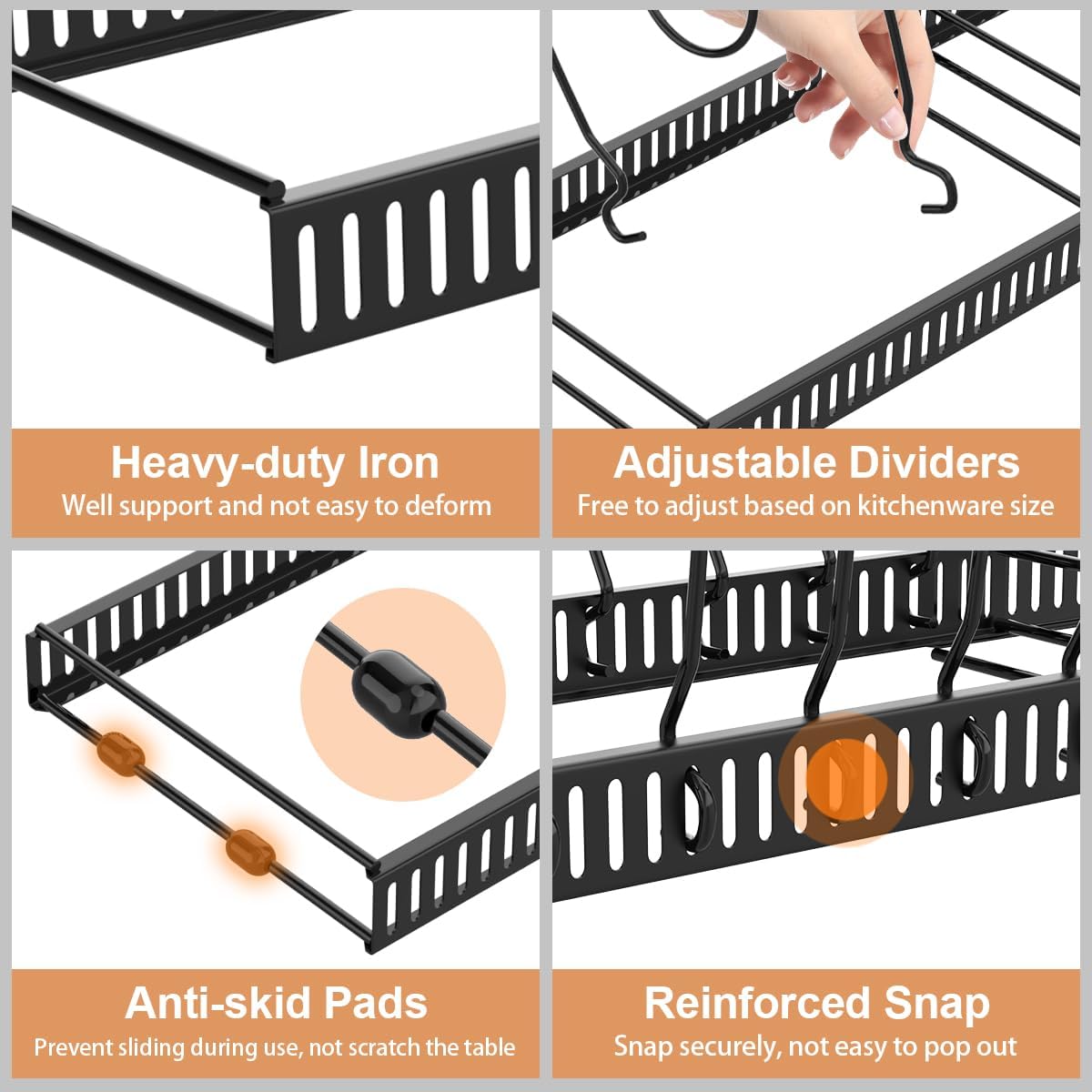 Pot and Pan Organizer Rack for Cabinet, Expandable Pot Lid Organizer Holder with 14 Adjustable Dividers, Fully Expanded Size 22.83" W x 7.09" D x 7.09" H, Black