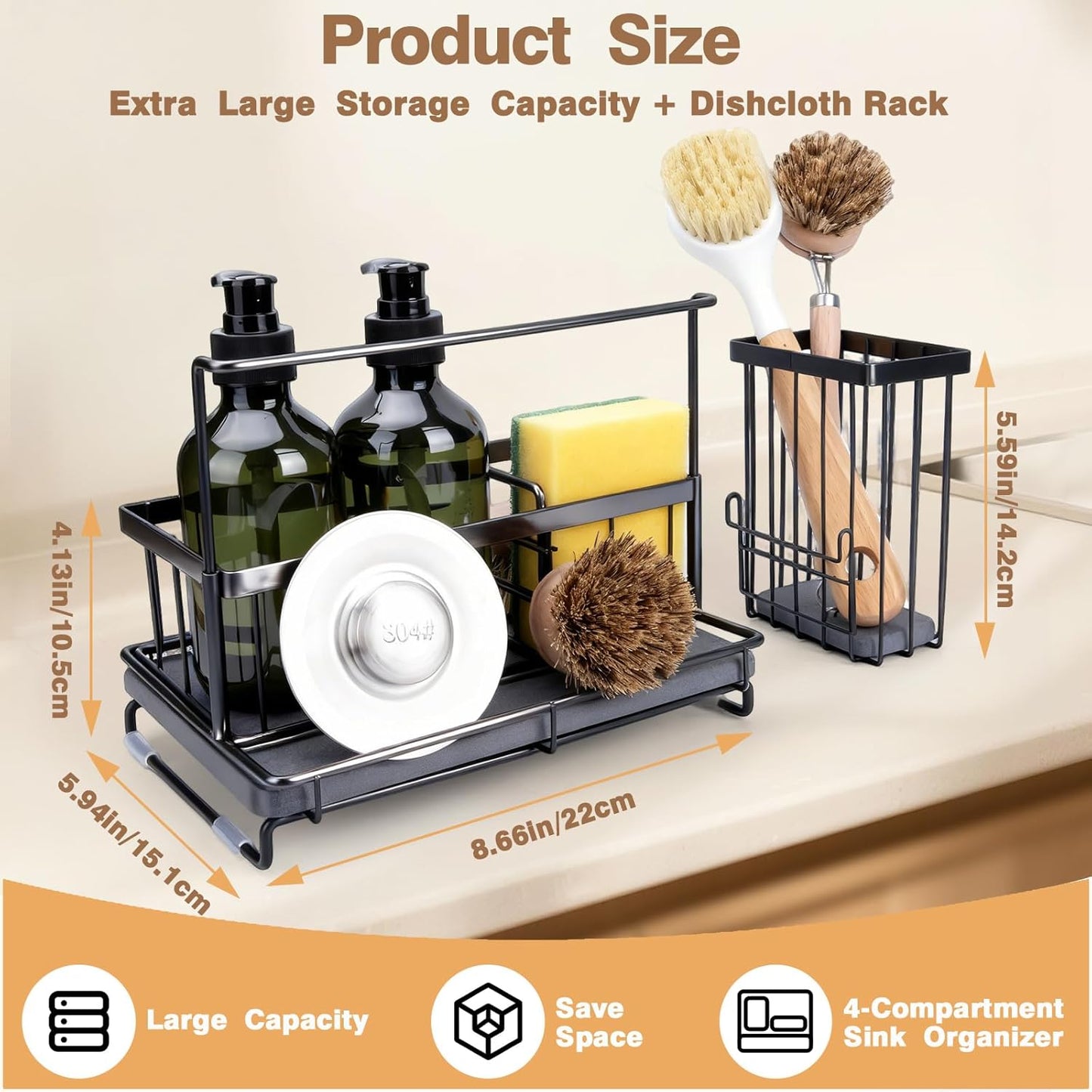 Kitchen Sink Caddy with Instant Drying Stone: Sink Sponge Holder