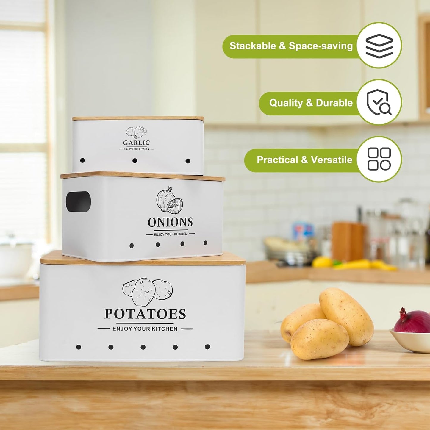 Kitchen Vegetable Storage Set of 3, Metal Onion Garlic Potato Storage Set