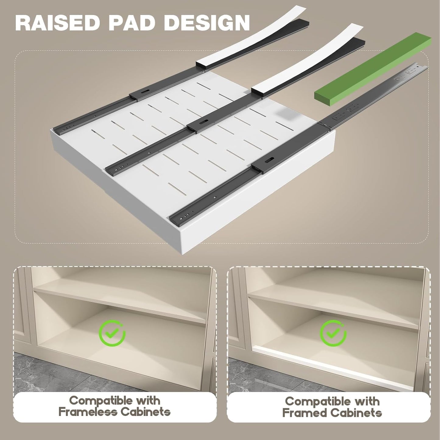 2 Pack Pull Out Cabinet Organizer 22" Deep,Full Extension 3 Slide Rails Slide Out Drawers With Raising Pad for Framed Cabinets,Expandable Width (12.3"-20.5"),No Drill Roll Out shelf,White